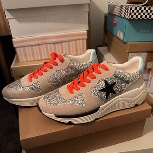 Sparkling Silver Sneakers with Orange Laces